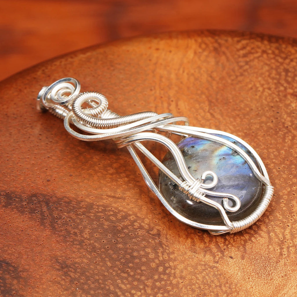 Labradorite Rainbow Moonstone Gemstone Pendant Copper Wire Wrapped Labradorite Jewelry Labradorite Necklace With Chain