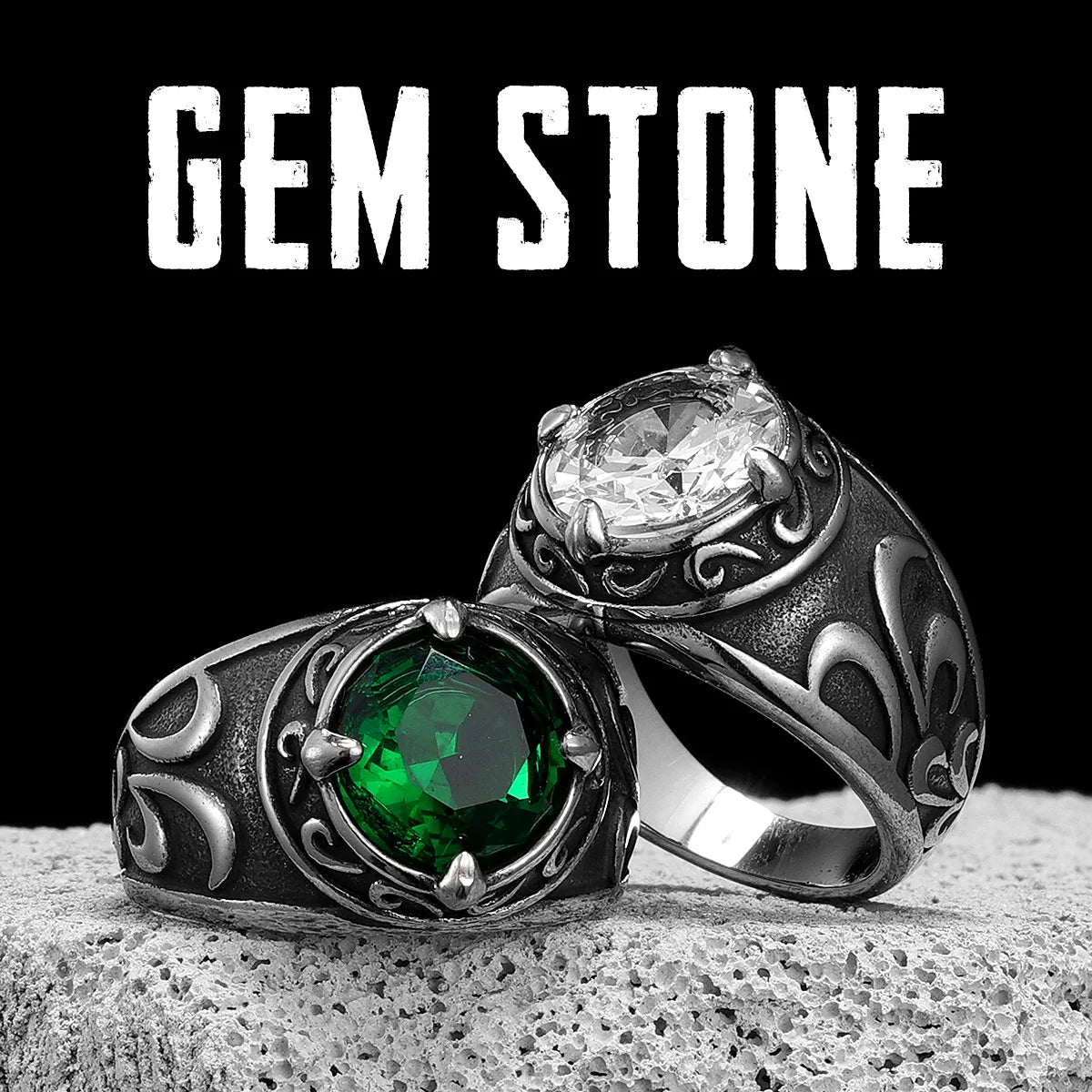 Gemstone Carved Ring — Stainless Steel