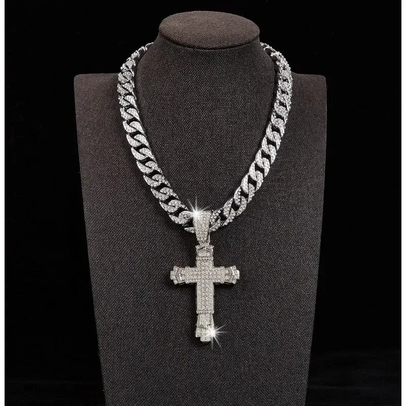 Hip Hop Big Cross Pendant Necklace Punk Fashion Miami Cuban Chain for Men and Women Religious Prayer Jewelry Accessories