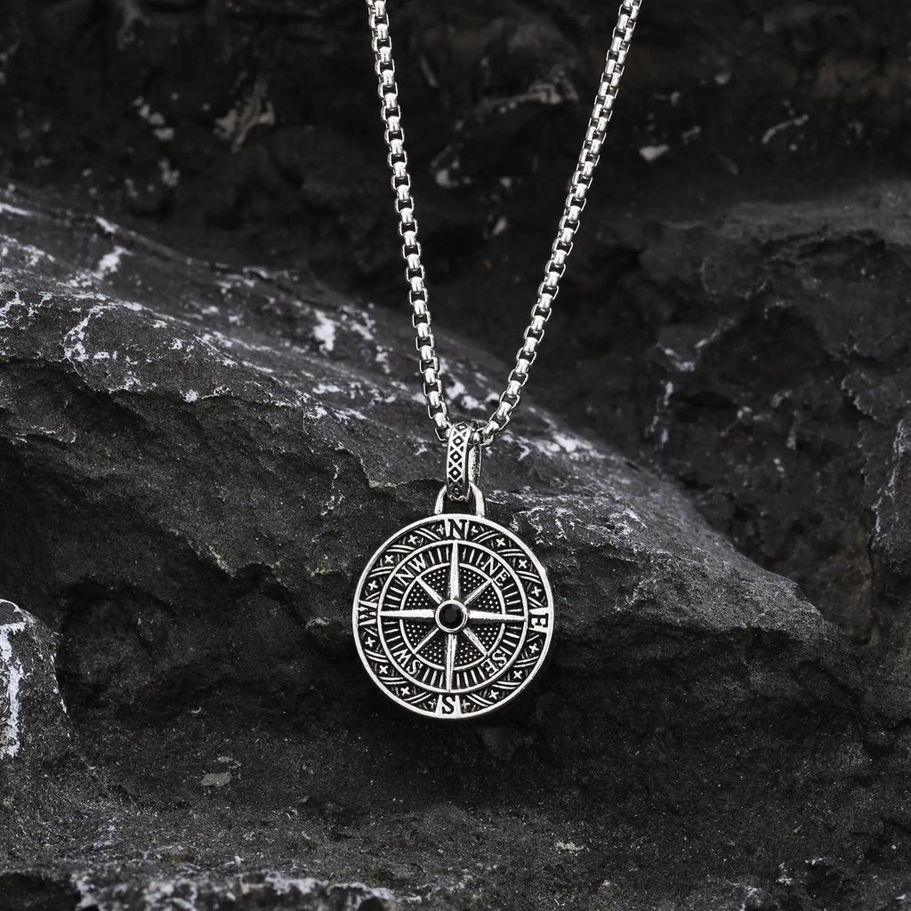 Vintage Compass Coin Pendant Necklace — Stainless Steel