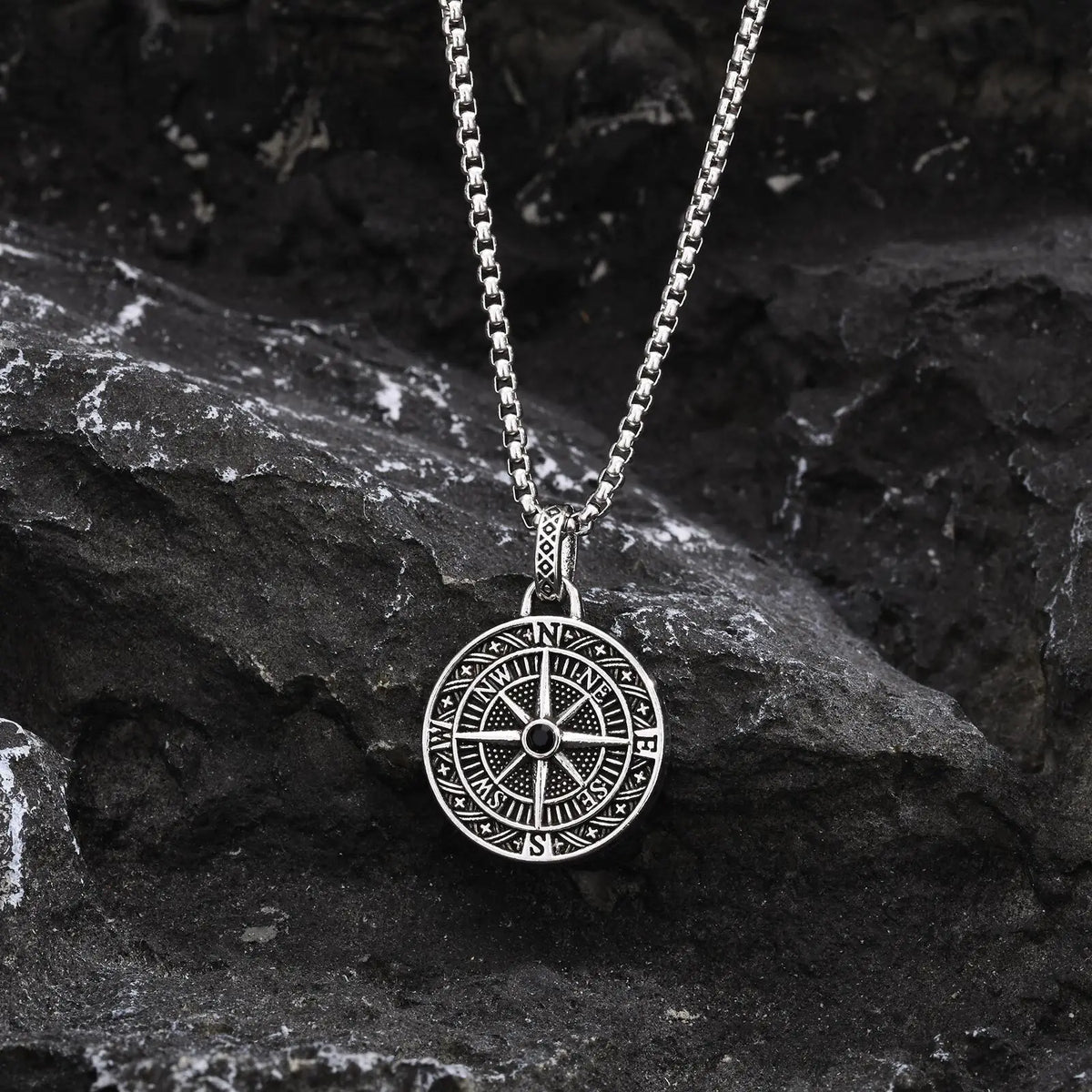 Vintage Compass Coin Pendant Necklace — Stainless Steel