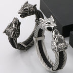 Gothic Elastic Double Wolf Face Head Open Cuff Bangle Bracelet For Man 12MM Wide Twist Chain Stainless Steel Men Men's