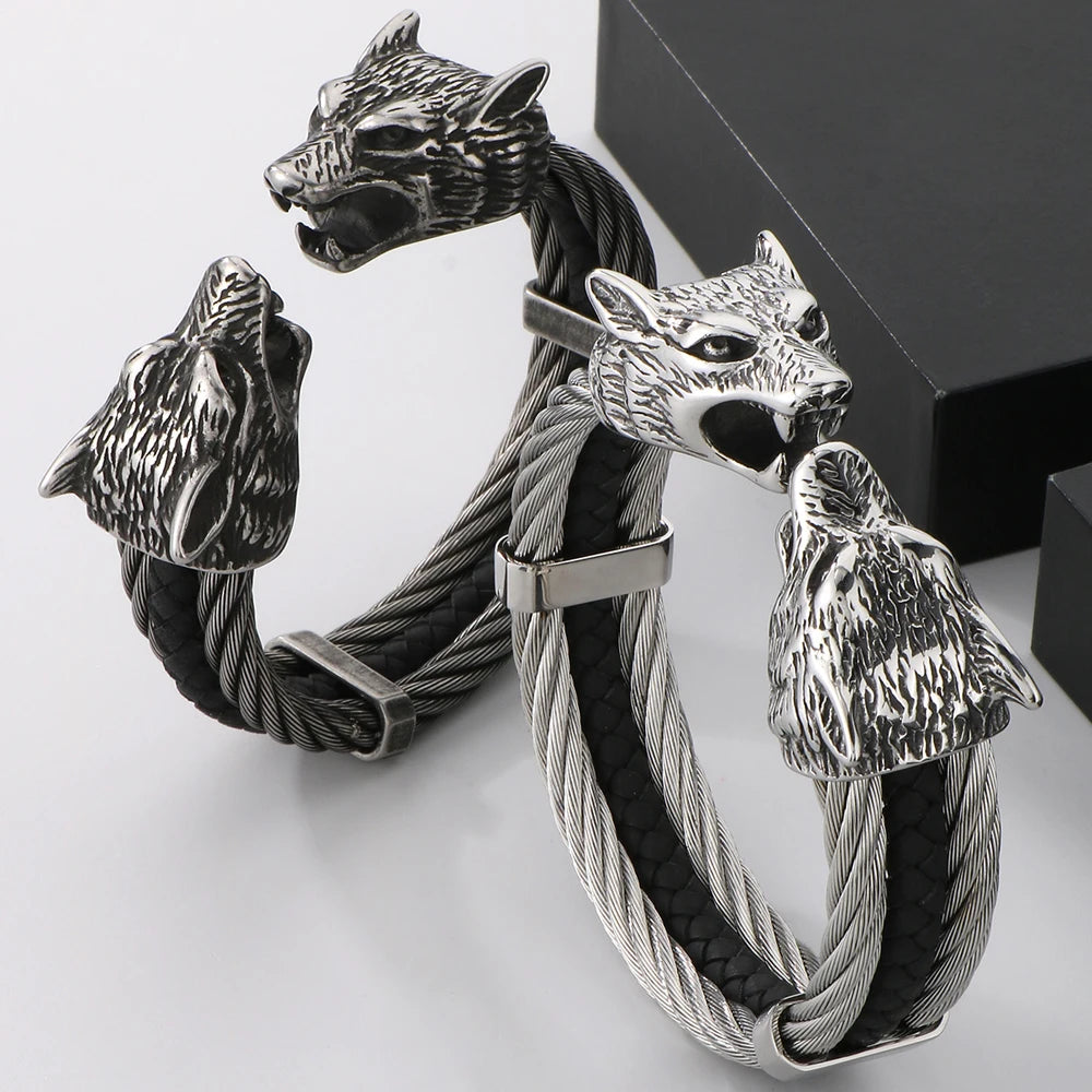 Gothic Elastic Double Wolf Face Head Open Cuff Bangle Bracelet For Man 12MM Wide Twist Chain Stainless Steel Men Men's