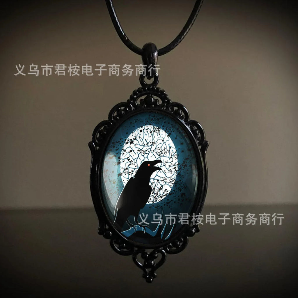 Gothic Crow Black Forest Charm Necklace Fashion Witch Jewelry Gift Pagan Cross Black Cat Skull Glass Pendant Necklace
