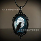 Gothic Crow Black Forest Charm Necklace Fashion Witch Jewelry Gift Pagan Cross Black Cat Skull Glass Pendant Necklace