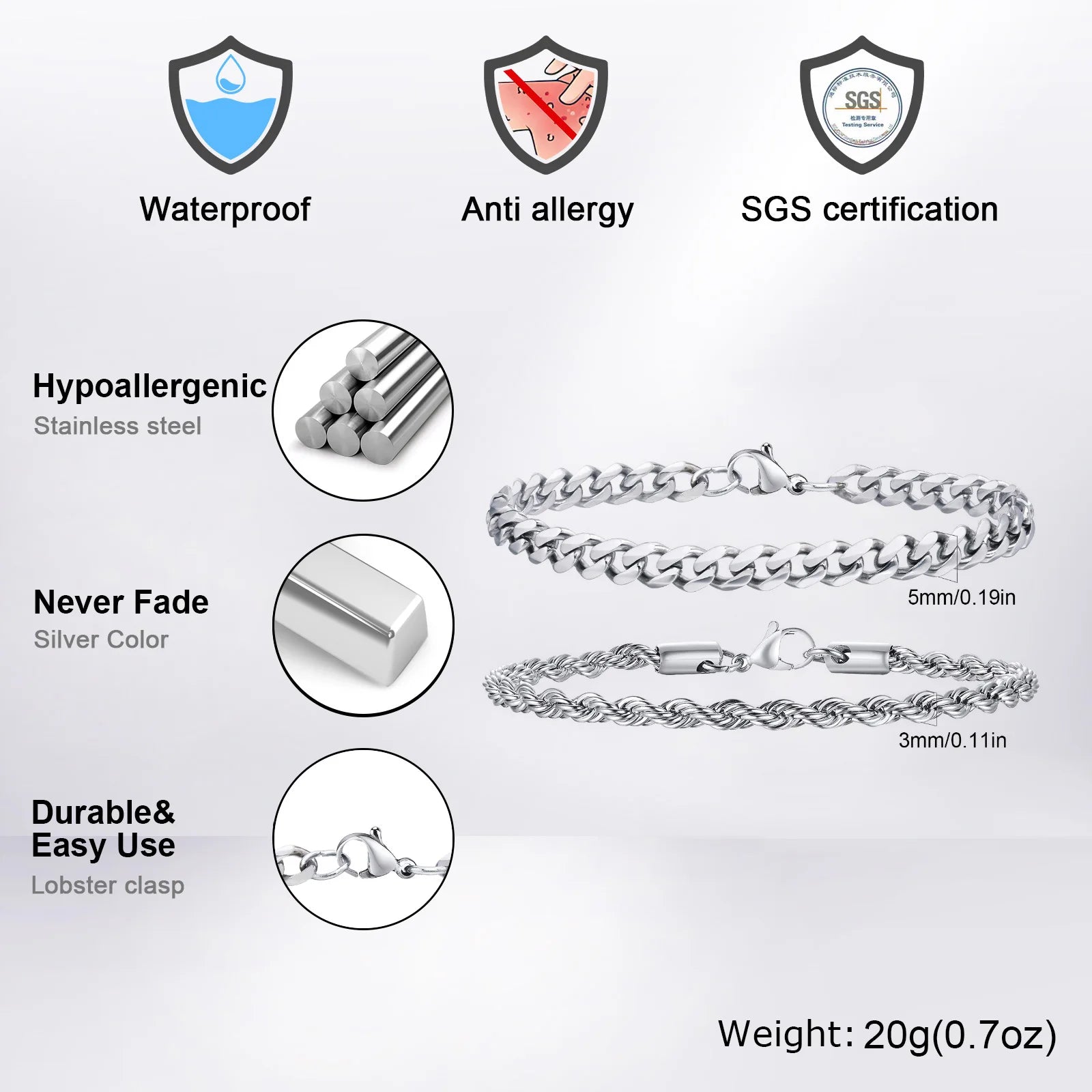 Rope Cuban Chain Bracelet 2pcs — Two-Tone