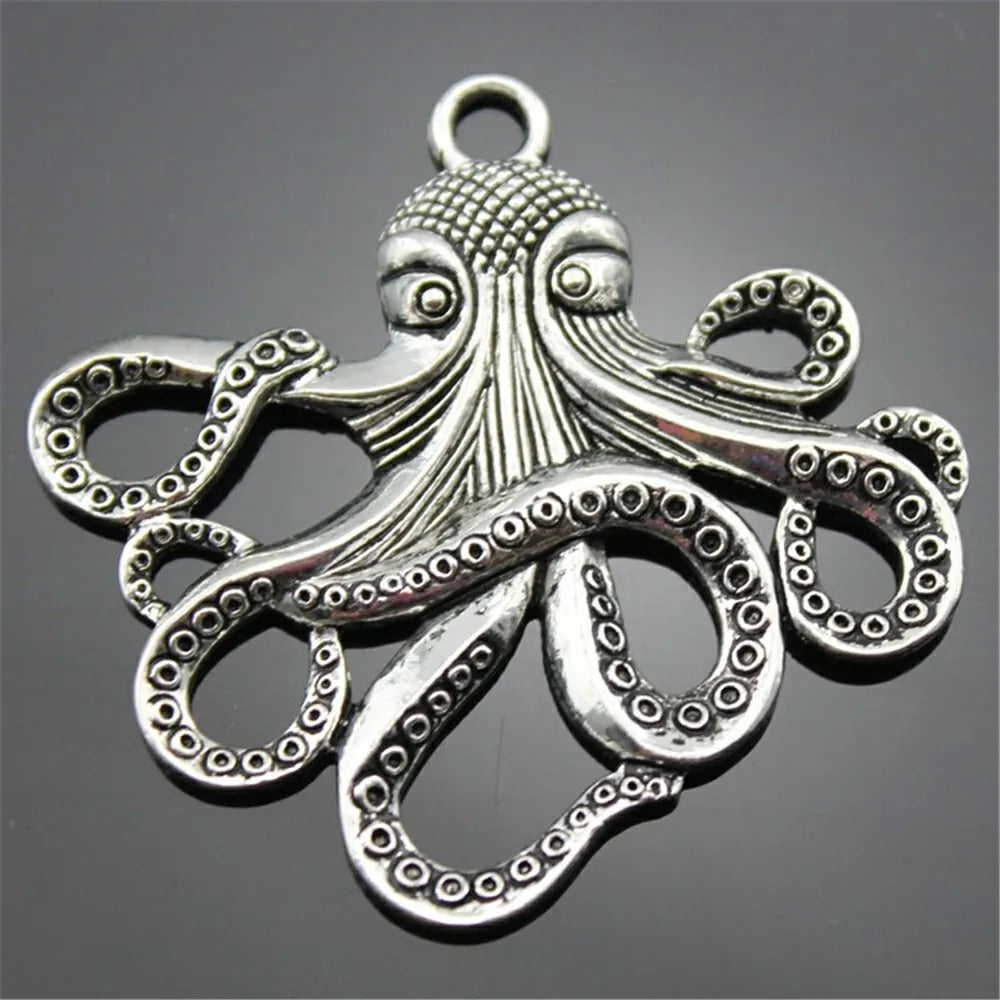 Large Octopus Pendant Charm — Silver-Tone, 59mm