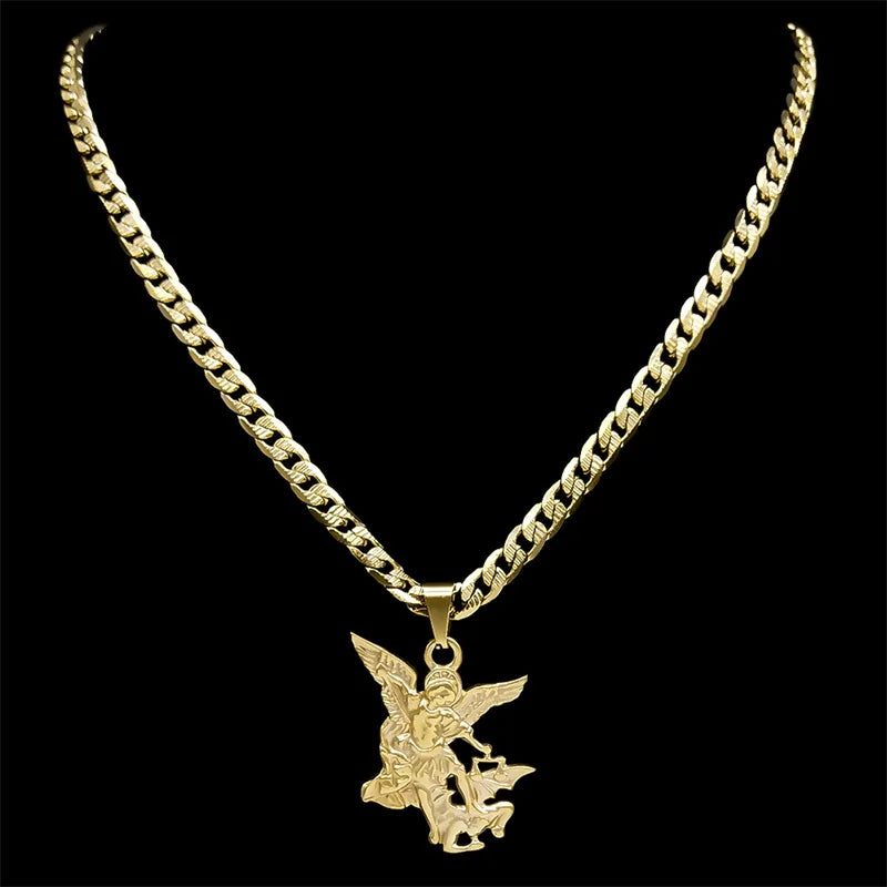 SAINT MICHAEL PROTECT US Archangel Stainless Steel Pendant Necklace for Women Men Gold Color Necklace Choker Jewelry