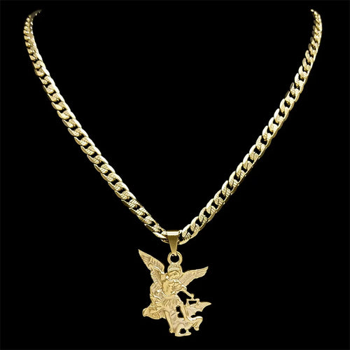 SAINT MICHAEL PROTECT US Archangel Stainless Steel Pendant Necklace for Women Men Gold Color Necklace Choker Jewelry