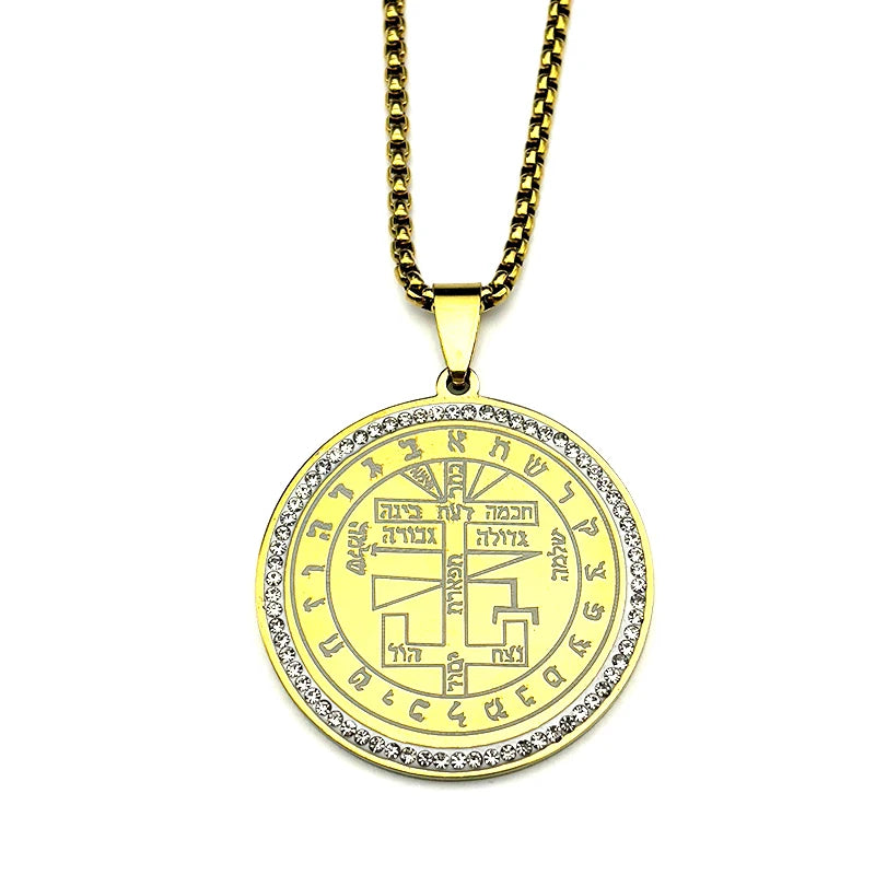 Key Gold Pendant Solomon Rhinestones Hebrew Symbols