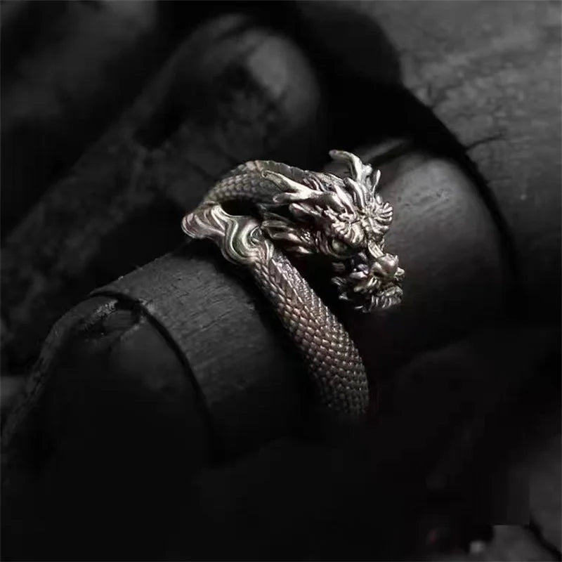 Trendy 925 Silver Ring Open Men Jewelry Vintage Carving Dragon Ring Male Index Finger Accessories