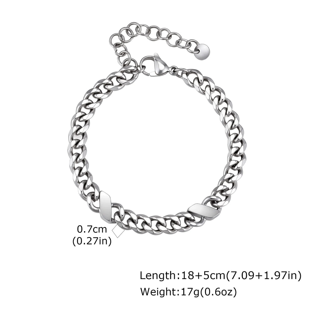 Stainless Steel Angled Rectangle Link Bracelet for Men Women, Silver Color Cuban Chain, Hih Pop Punk Jewelry Gift