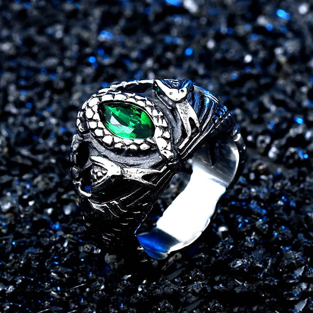 Vintage 316L Stainless Steel Aragorn II Barahir Snake Rings With Green Stone Eye For Men Women Fashion Punk Jewelry Dropshipping
