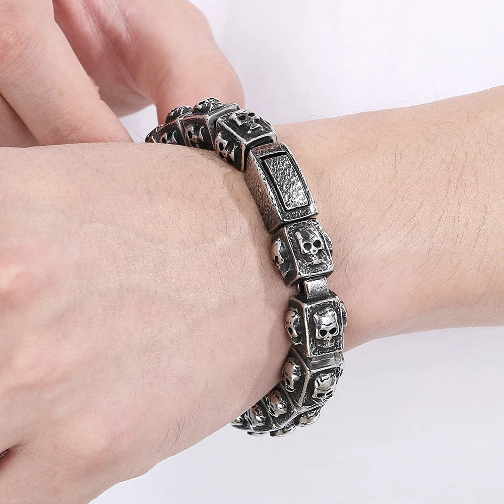 Vintage Solid Stainless Steel Bracelet for Man Men's Skeleton Jewelry Accessories 14MM Width Skull Face Head Chain