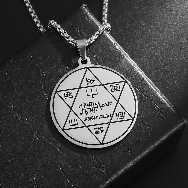 Stainless Steel Solomon Religious Seven Archangels Compass Pendant Necklace Men's Retro Lucky Amulet Jewelry
