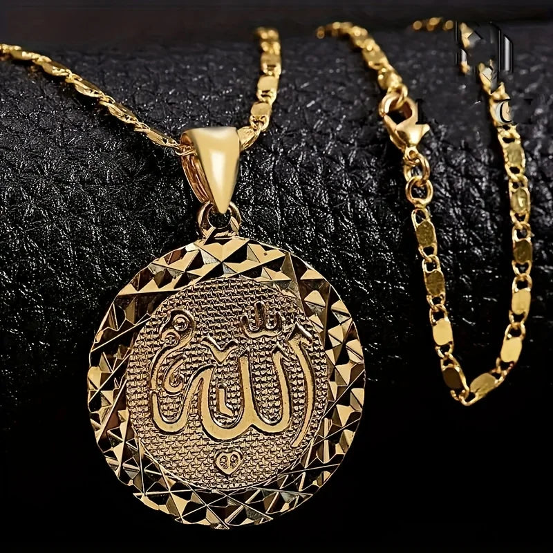 Vintage Golden Color Allah Pendant Necklace Round Fashion Middle East Charm Islam Gift Jewelry