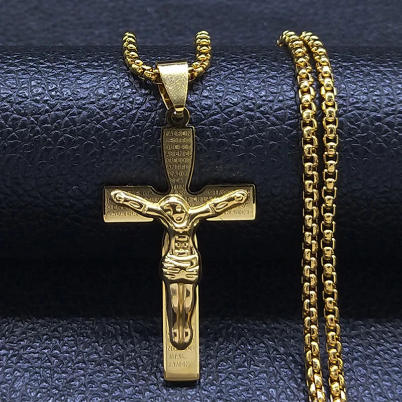 Catholic Orthodox Cross Necklace Stainless Steel Gold Color INRI Crucifix Jesus Necklaces Holy Jewelry cordao masculino