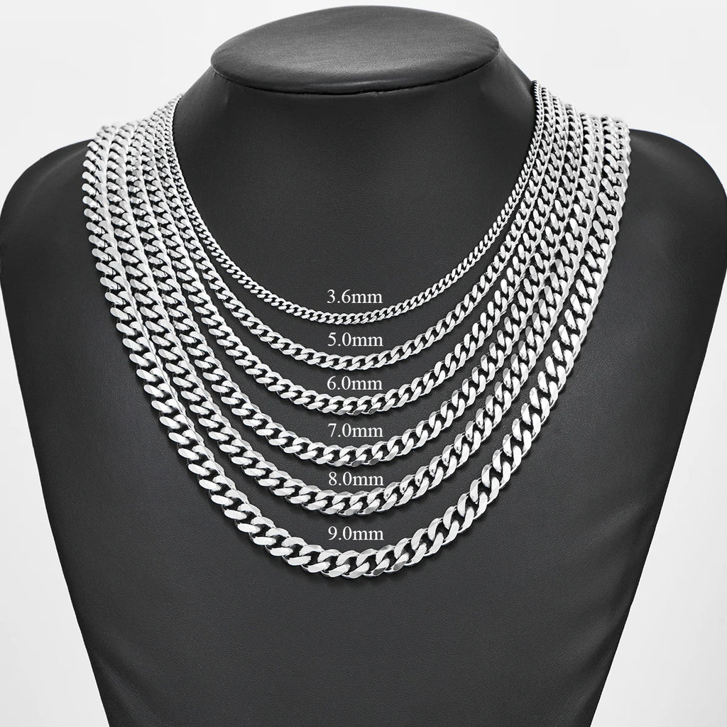 Cuban Link Chains Stainless Steel Classic Men Boy Curb Chunky Silver Color Necklace 3.6mm to 11mm 14 to 30 Inches