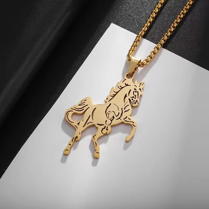 Gold Running Horse Pendant Necklace Stainless Steel