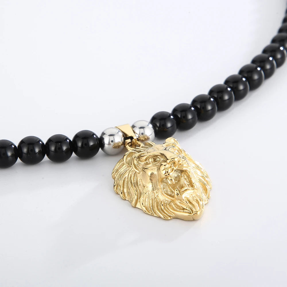 Steampunk Lion Head Pendant Necklace for Men With 66CM Agate Beads Chain Black Gold Color Hiphop Jewelry Bold Statement