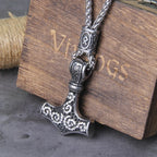 Fashion Valknut Viking Thor's Hammer Pendant Necklace With keel Chain As Men Gift with wooden box