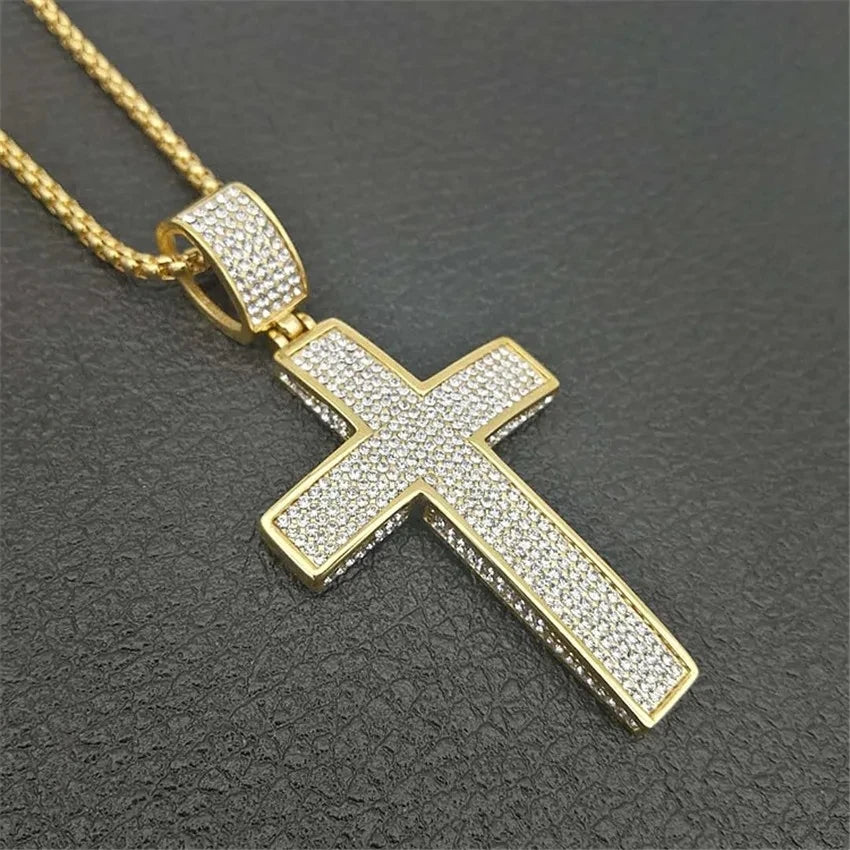 Iced Out Chain Big Cross Pendant Necklace Stainless Steel CZ Cross Necklaces Bling Cubic Zircon Men's Hip Hop Jewelry XL1134