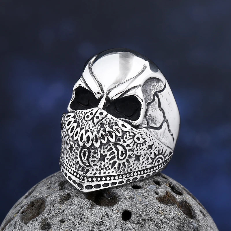 Onlysda Anillo Hombre Stainless Steel Gothic Skull Mask Ring Biker Hiphop rock Jewelry Unique Halloween Gift for Men