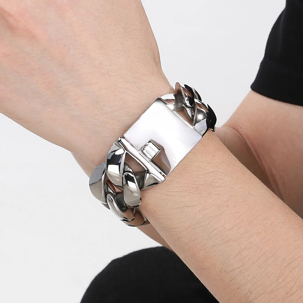 Chunky Men Bracelet for Man Polished Stainless Steel 29MM Curb Cuban Link Chain Men's Braceletes Wristband Jewelry