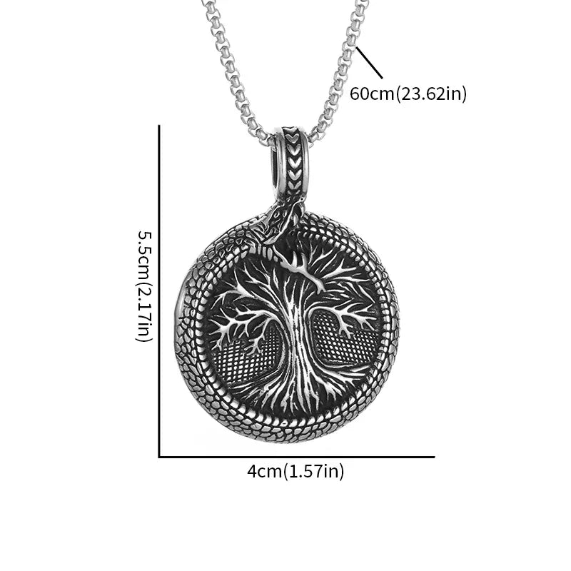 Retro Domineering Ouroboros Wrapped Around The Tree of Life Pendant Necklace Men's Personalized Punk Cool Casual