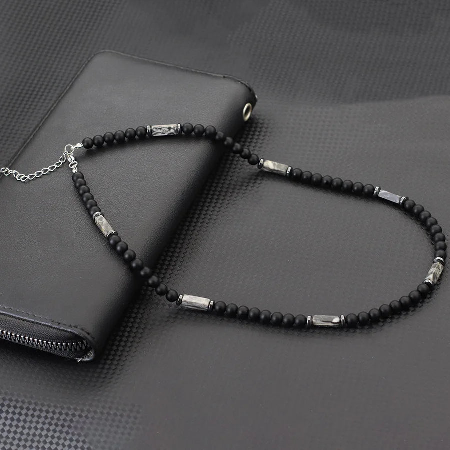 Unique Natural Stone Necklace For Men 19 Inches Short Choker Stainless Steel Buckle Square Tiger Eyes Beads Cycling Accessories