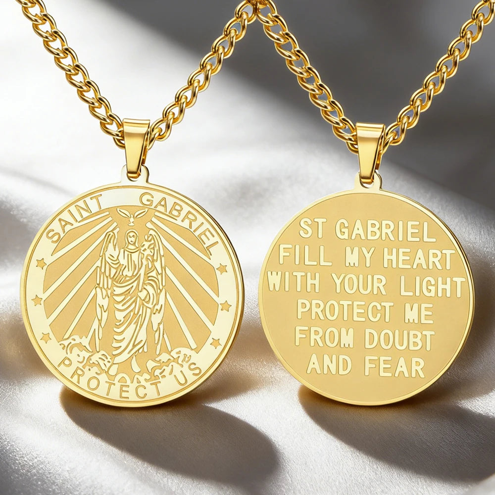 Dawapara Archangel Gabriel Pendant Necklace Double Side Carved Spiritual Protection Amulet Stainless Steel Jewelry