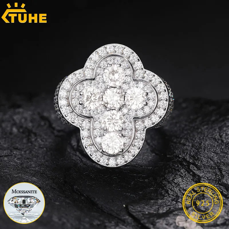 TUHE Unisex Silver Cross Ring Moissanite Stone Iced Out Couple Rings for Women Men Hip Hop Gifts