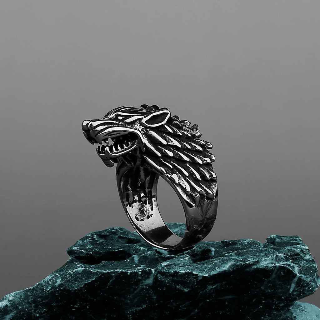 Viking Domineering Wolf Head Ring Men's Fashion Personality Creative Temperament Stainless Steel Ring Jewelry Gift