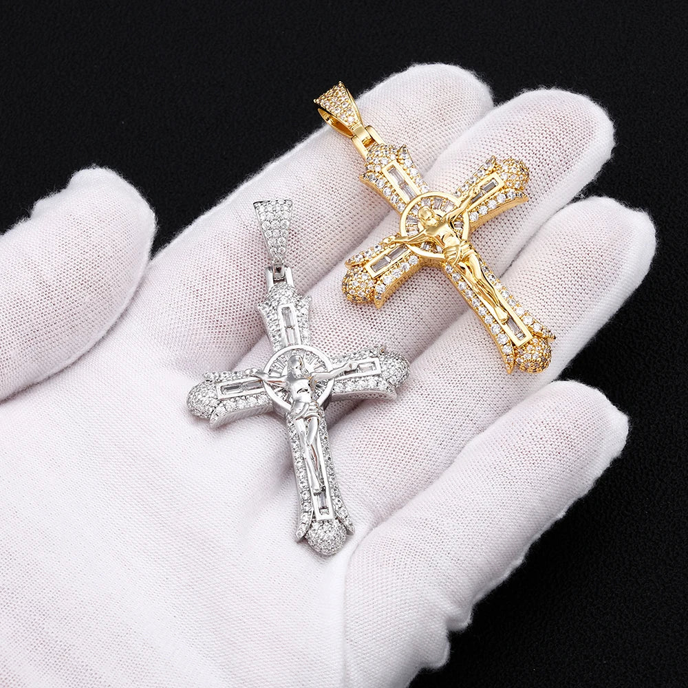 Iced Out Jesus Crucifix Pendant Necklace Chain Set — Two-Tone