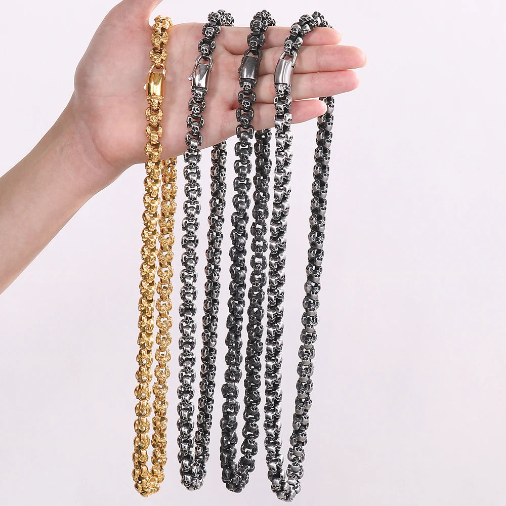 12MM Width Men's Stainless Steel Skull Head Link Chain Necklace Punk Rock On Neck Skeleton Jewelry Gothic Style