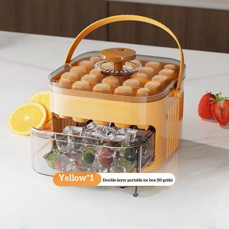 Compact Double Layer Ice Cube Tray with Lid and Bin, Pull-Out Ice Drawer with Portable Handle, Kitchen Accessories