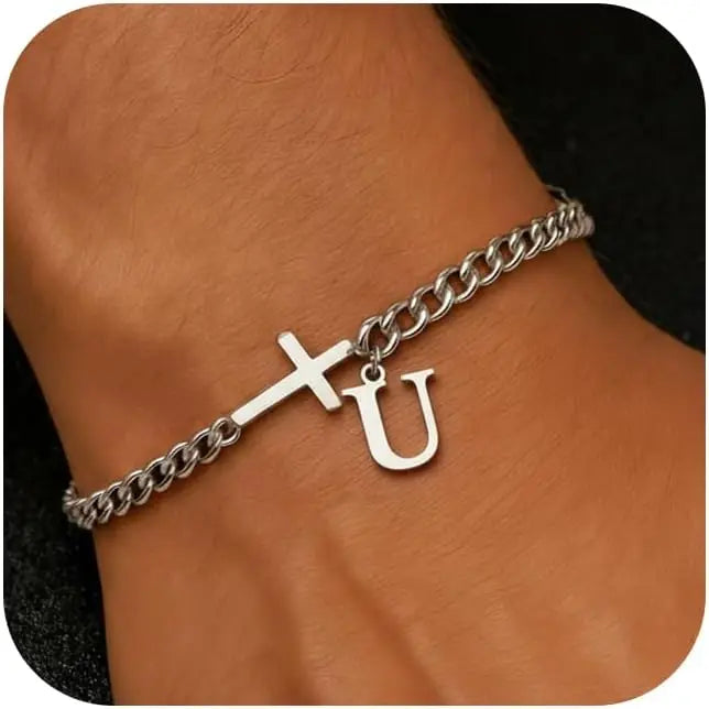 Men Cross Cuban Chain Bracelets for Men Initial A-Z Faith Cross Bracelets, Stainless Steel Initial Bracelet Religious