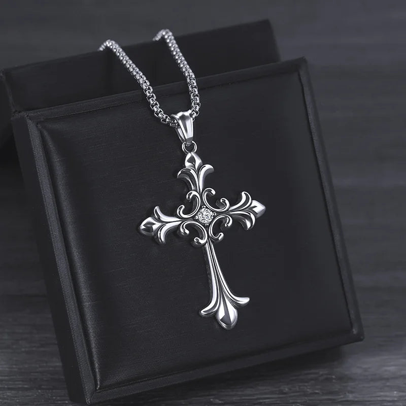 Gothic Style Retro Rhinestone Cross Stainless Steel Pendant ins Hip-Hop Men's Fashion Personality Versatile Necklace