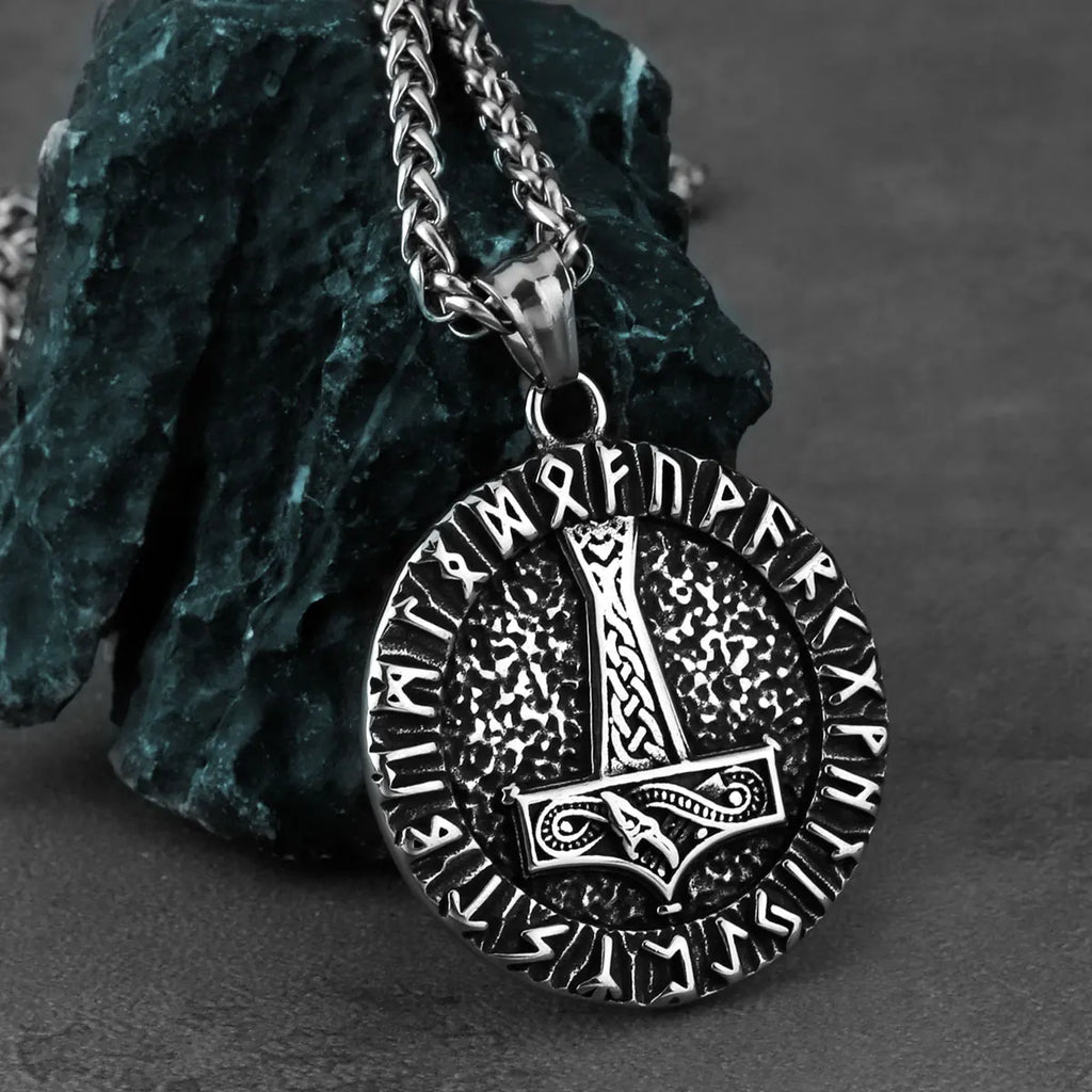 Viking Thor's Hammer Round Pendant Necklace — Stainless Steel