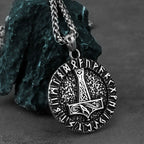 Viking Thor's Hammer Round Pendant Necklace — Stainless Steel
