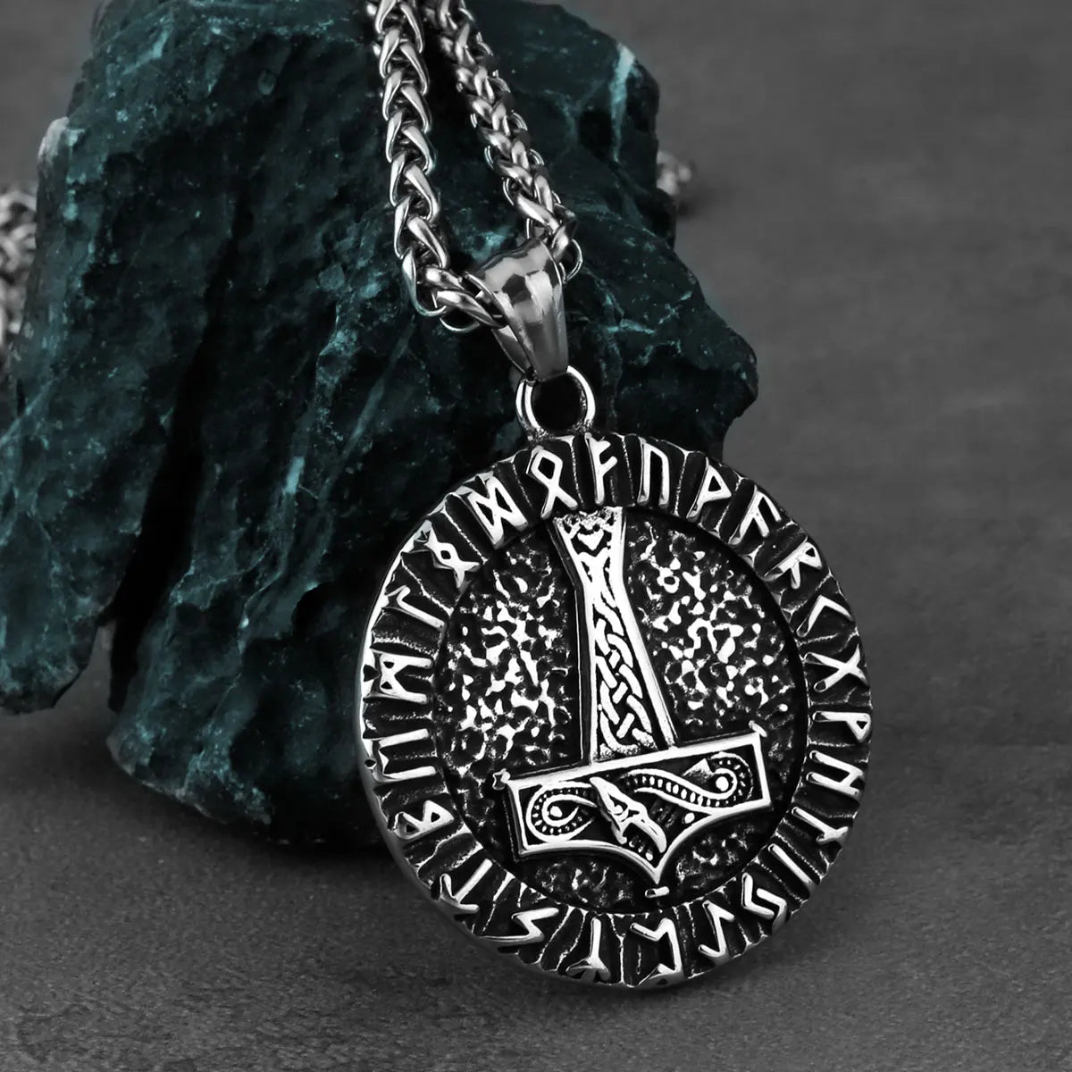 Viking Thor's Hammer Round Pendant Necklace — Stainless Steel
