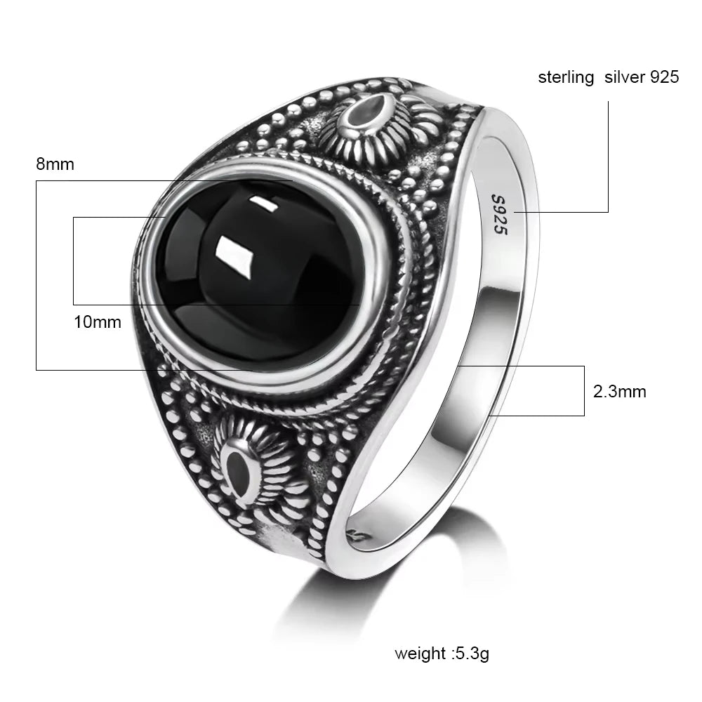 Sterling Silver 925 Vintage Rings Oval 8X10mm Rings Black Onyx Natural Fine Jewelry For Men Women Rhodochrosite Rings