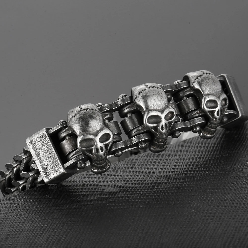 Gothic Three Skulls & Bike Link Chain Men Bracelet for Man Vintage Solid Black 316L Stainless Steel Skeleton Jewelry