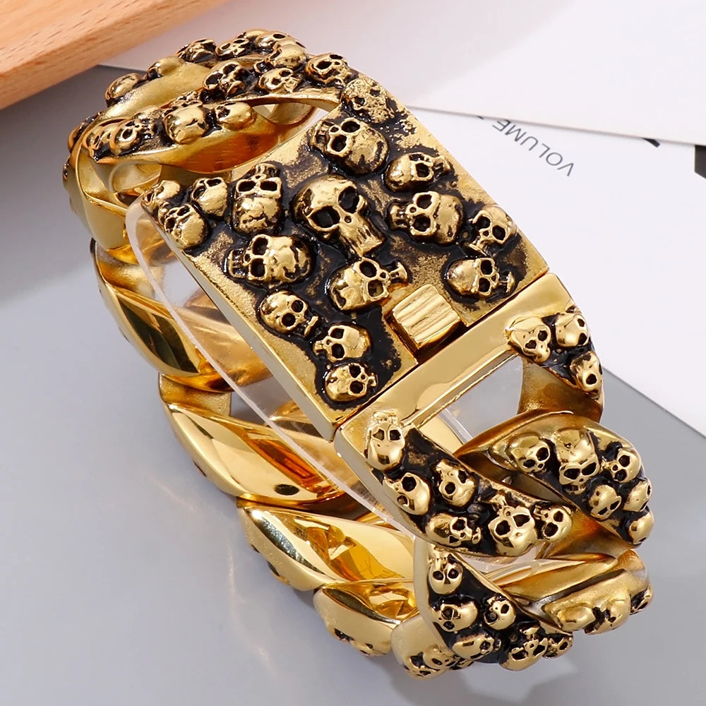 Punk Rock Man Bracelet Stainless Steel Wide Skull Head Link Chain Bracelets for Men Gothic Men's Bikers' Jewelry