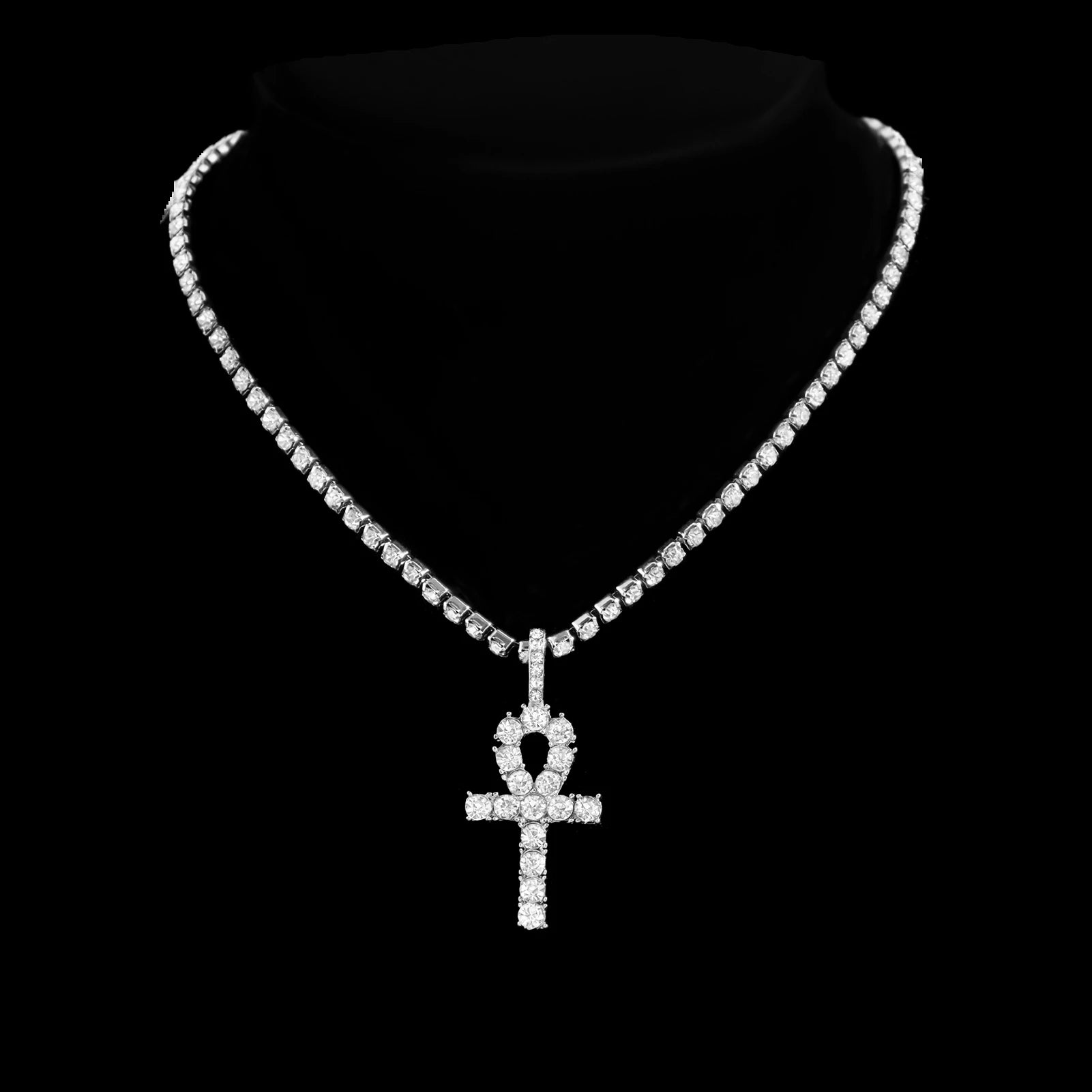 2Pcs Punk Crystal Cross Ankh Tennis Chain Iced Out Prong Cuban Link Chain Necklace For Men Women Rapper Necklaces