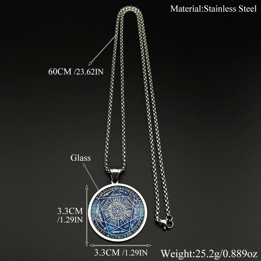 Seven Archangels Glass Medal Angel Pendant Necklace for Women Men Stainless Steel Seal of Solomon Protection Chain