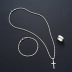 Smooth Cross Pendant Necklace Bracelet Ring Set — Stainless Steel