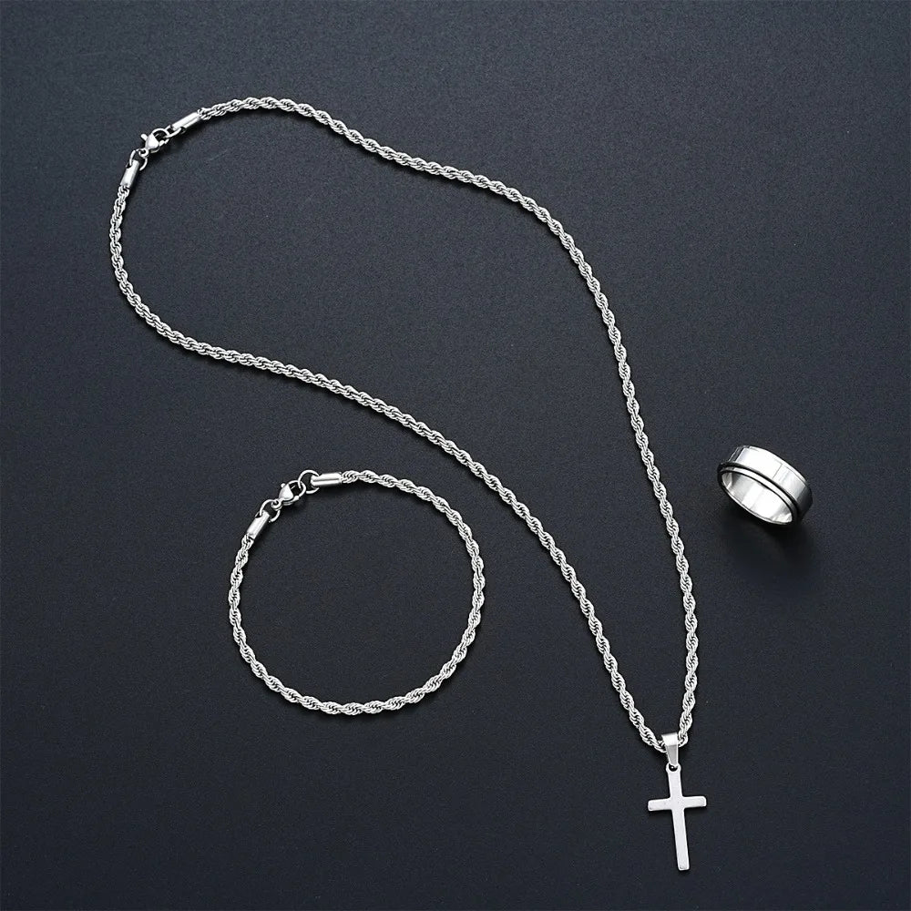 Smooth Cross Pendant Necklace Bracelet Ring Set — Stainless Steel