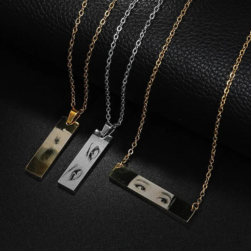 Letdiffery Custom Engraved Eyes Necklaces for Women Men Stainless Sreel Laser Carve Photo Names Square Pendant Jewelry