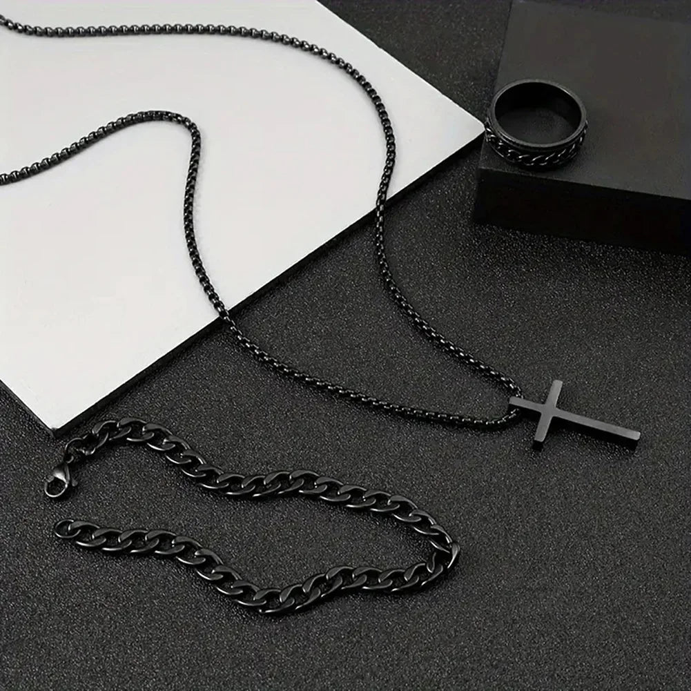 Cross Pendant Necklace Bracelet Ring 3pcs Set — Stainless Steel